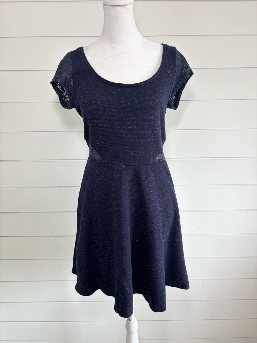 American Eagle Outfitters Navy Short Sleeve Lace-Detail Skater Dress